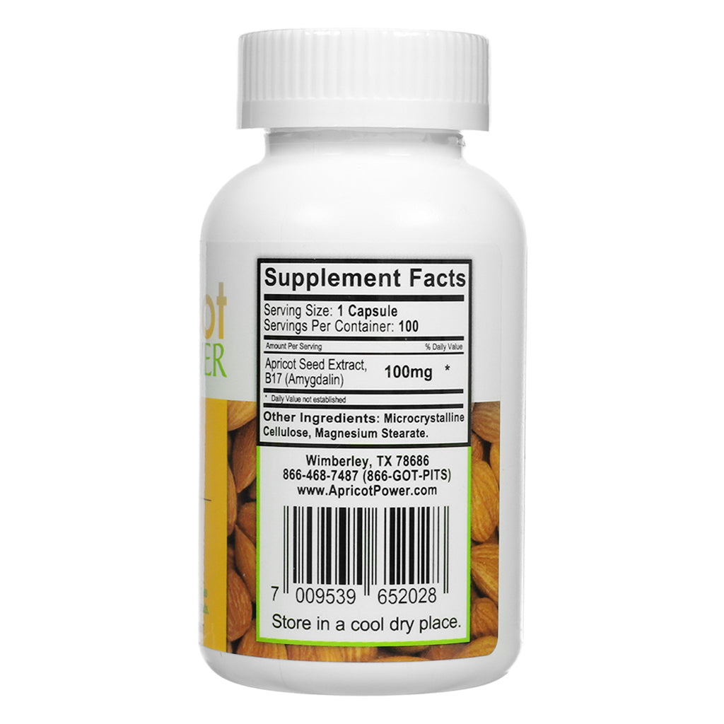 Informational and suggested use panel of Apricot Power B17 Amygdalin 100mg 100 Capsules, explaining the source of amygdalin, dosage guidance, and cautionary labeling.

