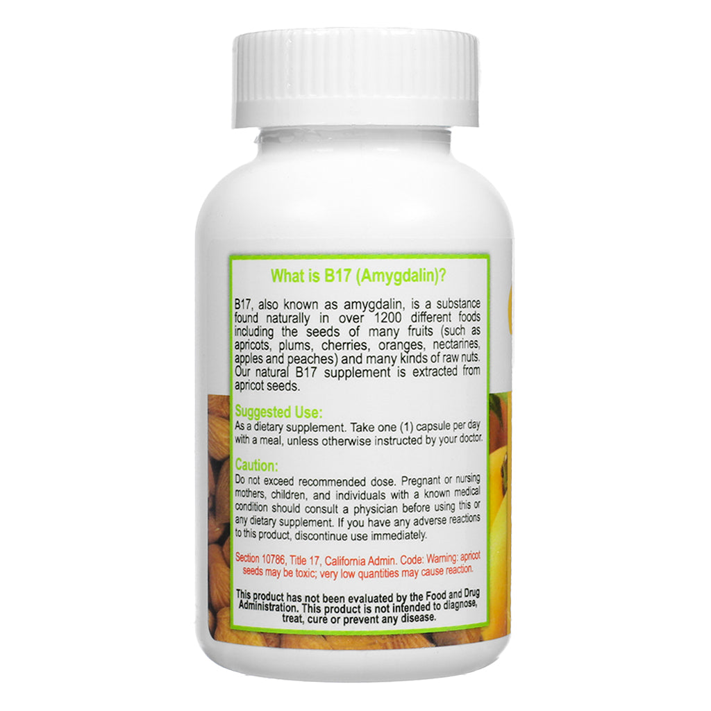 Supplement Facts panel of Apricot Power B17 Amygdalin 100mg 100 Capsules, showing apricot seed extract dosage per capsule and other ingredient details.


