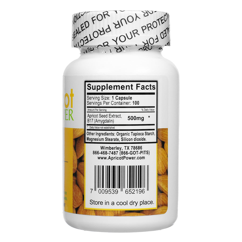 Supplement Facts panel of Apricot Power B17 Amygdalin 500mg 100 Capsules, detailing apricot seed extract dosage per serving and list of inactive ingredients.

