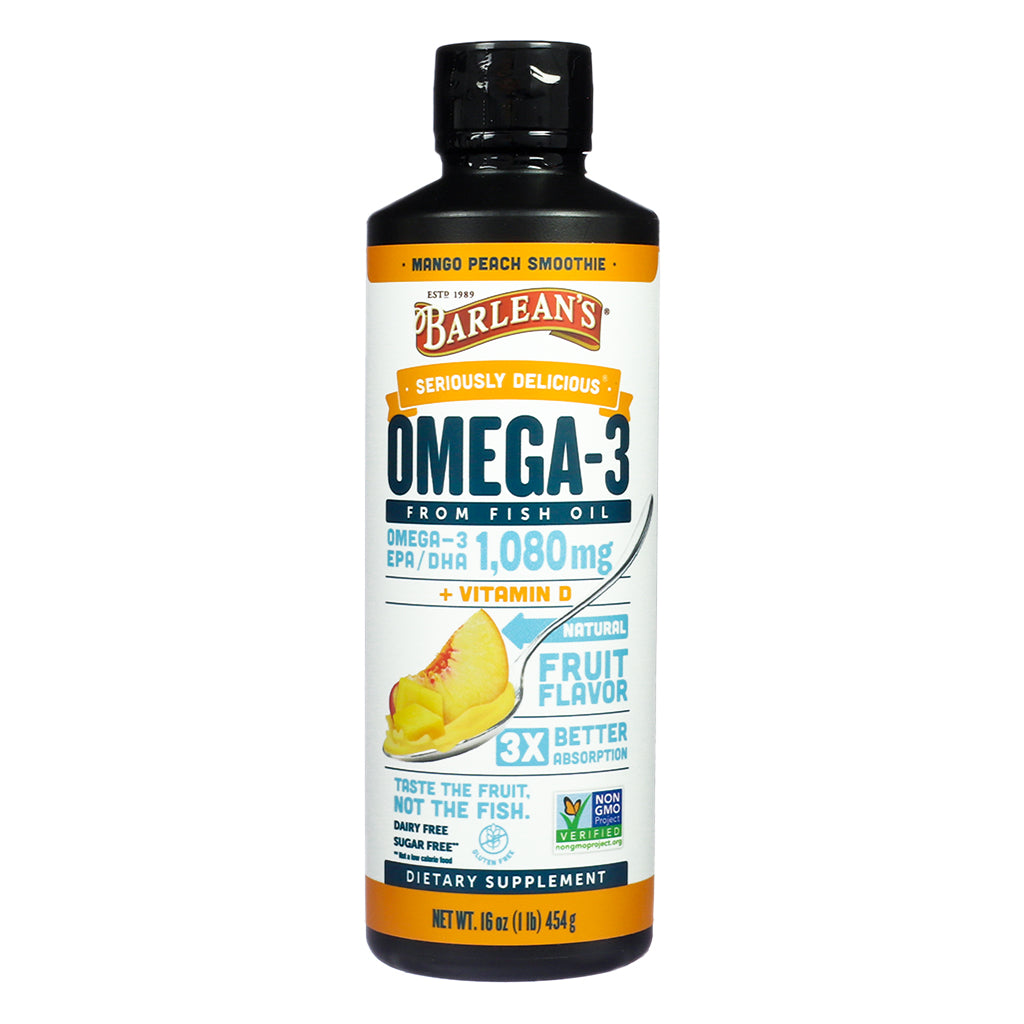 Front view of Barlean's Omega-3 Mango Peach Smoothie 16oz, featuring natural fruit flavor, 1,080mg EPA/DHA, Vitamin D, and "Seriously Delicious" branding.