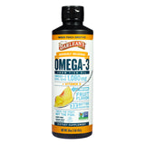 Front view of Barlean's Omega-3 Mango Peach Smoothie 16oz, featuring natural fruit flavor, 1,080mg EPA/DHA, Vitamin D, and "Seriously Delicious" branding.