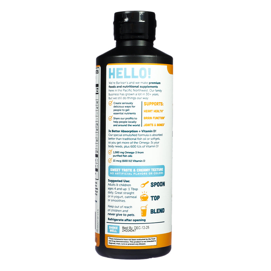 Informational panel of Barlean's Omega-3 Mango Peach Smoothie 16oz, outlining product benefits, suggested use, absorption advantages, and brand story highlights.