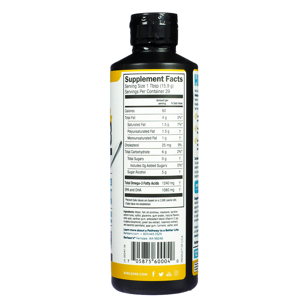 Supplement Facts panel of Barlean's Omega-3 Lemon Crème 16oz, displaying detailed nutritional breakdown including omega-3 content, fats, and sugar alcohol levels.

