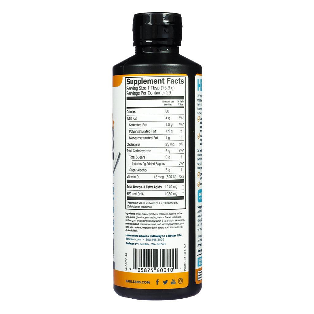 Supplement Facts panel of Barlean's Omega-3 Mango Peach Smoothie 16oz, listing Omega-3 fatty acid content, Vitamin D, sugar alcohols, and detailed nutrition breakdown.