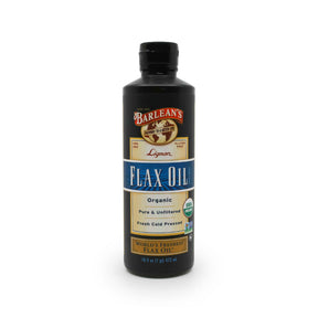 Barlean's Organic Lignan Flax Oil liquid, 16 fl oz black bottle with blue and cream label