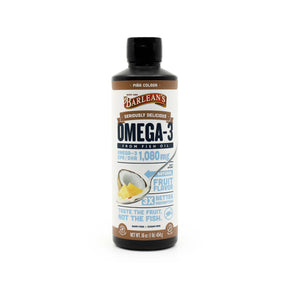 Barlean's Seriously Delicious Omega-3 Fish Oil Pina Colada liquid, brown bottle with white label, 16 fl oz