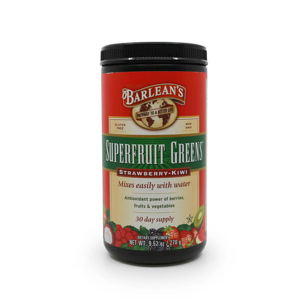 Image of Barlean’s Superfruit Greens dietary supplement in a red container labeled gluten-free and non-GMO. The front label promotes antioxidant power from berries, fruits, and vegetables, with a strawberry-kiwi flavor, designed to mix easily with water and provide a 30-day supply (9.52 oz / 270g). 