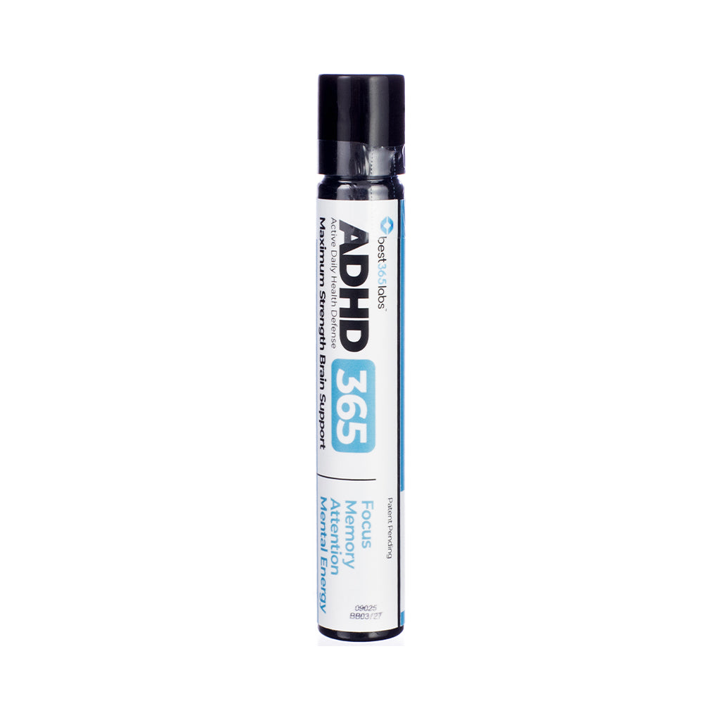Front label of Best 365 Labs ADHD 365, 60 tablets in a tube, highlighting maximum strength brain support for focus, memory, attention, and mental energy.