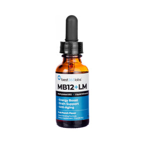 Best 365 Labs MB12+LM drops, amber 30 mL dropper bottle with white and blue front label, Fruit Punch flavor