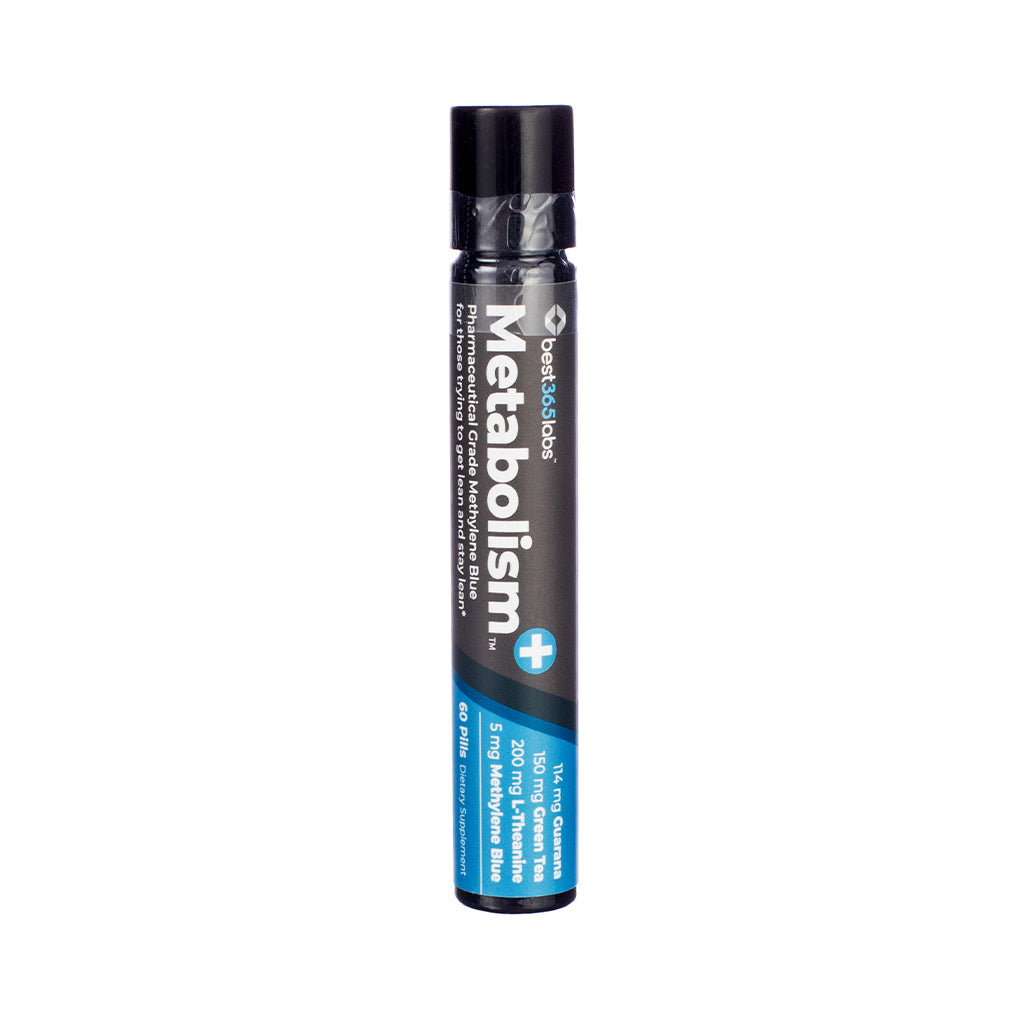 Front label of Best 365 Labs Metabolism+, 60 pills in a tube, featuring pharmaceutical-grade methylene blue with guarana, green tea, and L-theanine for metabolic support.