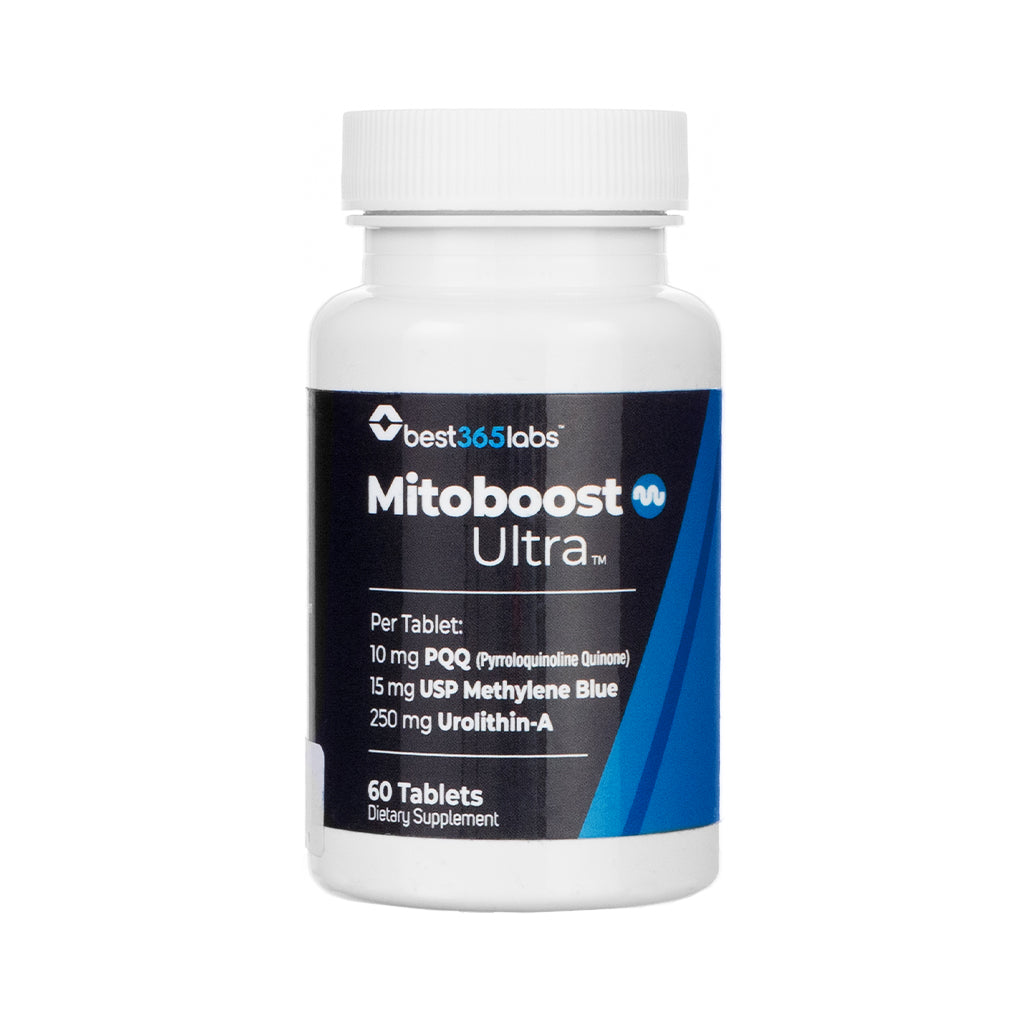 Front label of Best 365 Labs MitoBoost Ultra, 60 tablets, listing PQQ, USP methylene blue, and urolithin-A for mitochondrial energy and cellular support.