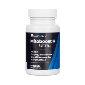 Best 365 Labs MitoBoost Ultra 60 tablets white bottle with black and blue front label