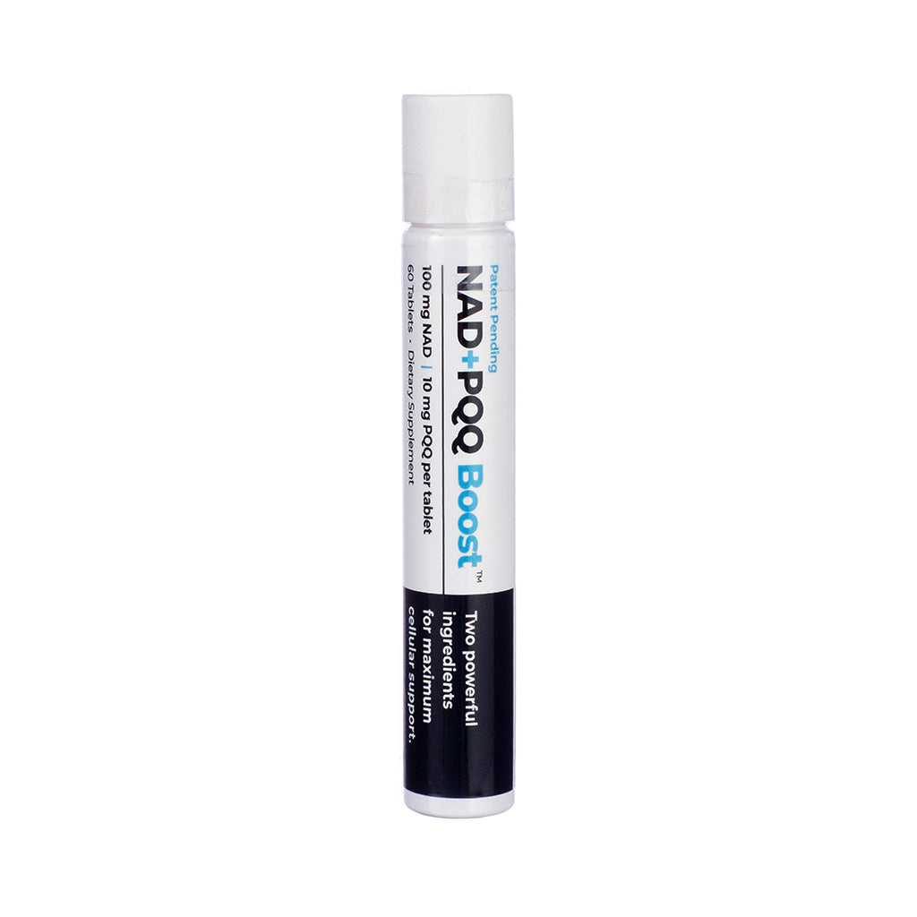 Front label of Best 365 Labs NAD+ PQQ Boost, 60 tablets in a tube, combining 100 mg NAD and 10 mg PQQ per tablet for advanced cellular support.