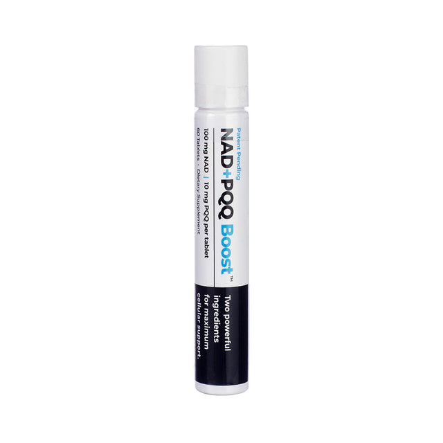 Front label of Best 365 Labs NAD+ PQQ Boost, 60 tablets in a tube, combining 100 mg NAD and 10 mg PQQ per tablet for advanced cellular support.