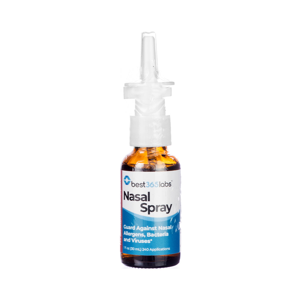 Front label of Best 365 Labs Nasal Spray, 30 mL bottle with 240 applications, formulated to guard against nasal allergens, bacteria, and viruses.