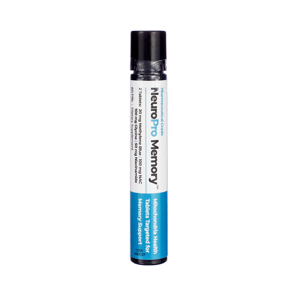 Front label of Best 365 Labs NeuroPro Memory, 60 tablets in a tube, featuring pharmaceutical-grade ingredients for mitochondrial and memory support.
