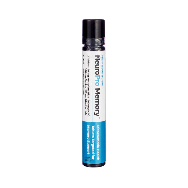Front label of Best 365 Labs NeuroPro Memory, 60 tablets in a tube, featuring pharmaceutical-grade ingredients for mitochondrial and memory support.