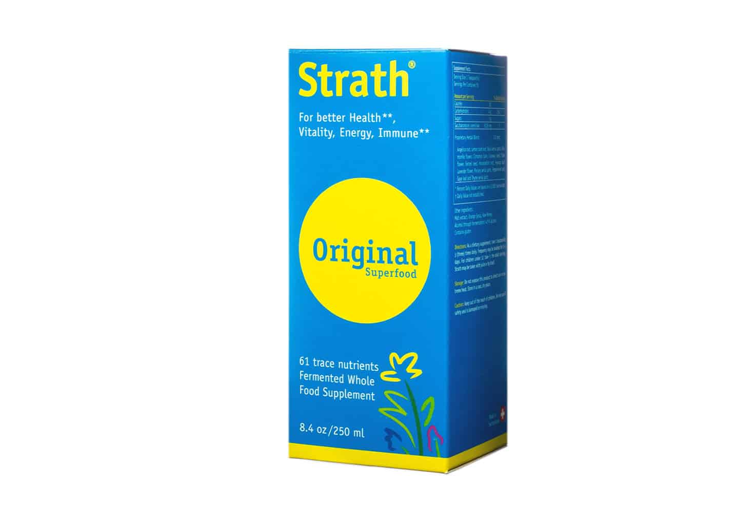 Photo of a bright blue and yellow box of Strath Original Superfood, promoting vitality, energy, and immune health. The packaging highlights 61 trace nutrients and fermented whole food support, in an 8.4 oz (250 ml) liquid format.