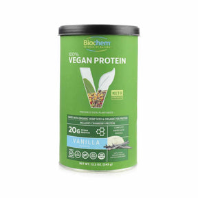 BioChem Vegan Protein vanilla powder in green canister with black lid, 12.3 oz label showing 20g protein