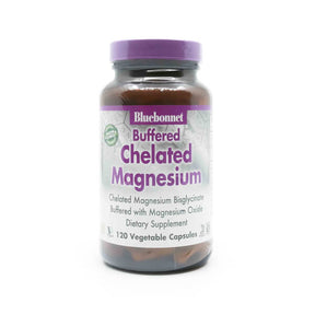 Bluebonnet Nutrition Buffered Chelated Magnesium 120 vegetable capsules bottle with purple cap and white label
