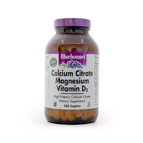 Bluebonnet Nutrition Calcium Magnesium Citrate Plus Vitamin D3, 180 caplets, amber bottle with purple cap label