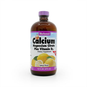 Bluebonnet Nutrition Calcium Magnesium Citrate Plus Vitamin D3 lemon liquid, 16 fl oz amber bottle with purple cap