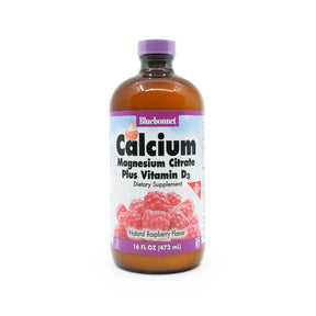 Bluebonnet Nutrition Calcium Magnesium Citrate Plus Vitamin D3 raspberry liquid, 16 fl oz amber bottle with purple cap