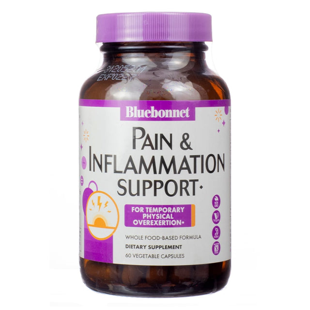 Bluebonnet Pain & Inflammation Support dietary supplement in a 60 vegetable capsule bottle. Labeled for temporary physical overexertion relief, featuring a purple and white design with whole food-based formula indications.