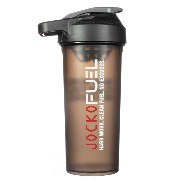 A smoke-colored Jocko Fuel shaker bottle featuring the slogan "Hard Work. Clean Fuel. No Excuses." Ideal for mixing protein shakes or pre-workout supplements.