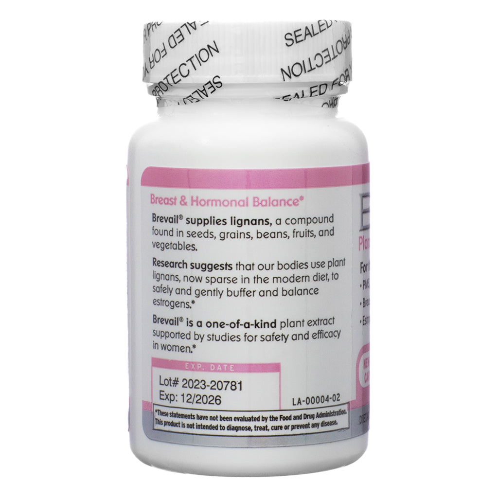 A white bottle of Brevail Plant Lignan Extract, displaying the back label with product information. The label highlights the benefits of lignans, plant compounds that support breast and hormonal balance by helping to buffer and balance estrogens. It also includes a lot number, expiration date (12/2026), and a disclaimer stating that these statements have not been evaluated by the FDA. The bottle contains 30 capsules.