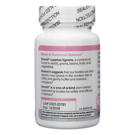 A white bottle of Brevail Plant Lignan Extract, displaying the back label with product information. The label highlights the benefits of lignans, plant compounds that support breast and hormonal balance by helping to buffer and balance estrogens. It also includes a lot number, expiration date (12/2026), and a disclaimer stating that these statements have not been evaluated by the FDA. The bottle contains 30 capsules.
