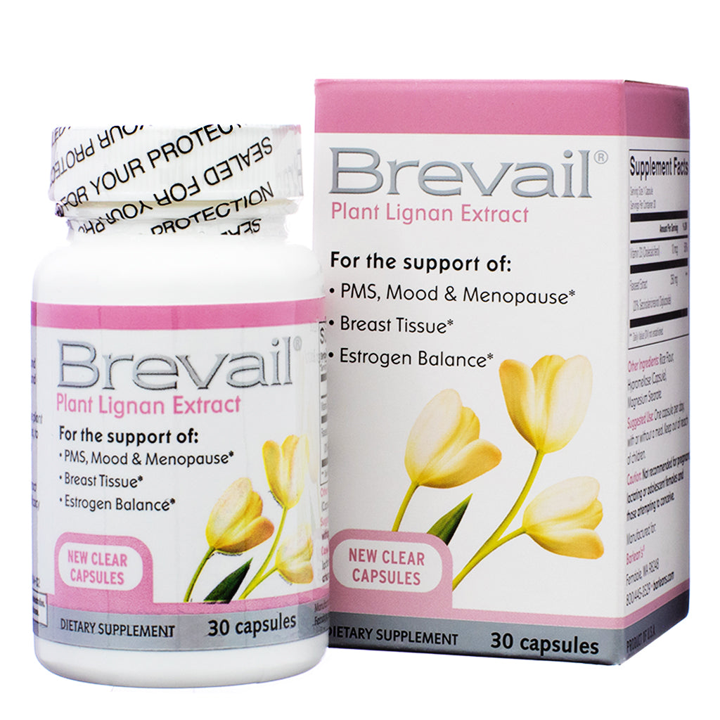 A bottle and box of Barlean's Brevail Plant Lignan Extract dietary supplement. The packaging highlights its support for PMS, mood, menopause, breast tissue health, and estrogen balance. The label also mentions "new clear capsules" and contains 30 capsules per bottle.