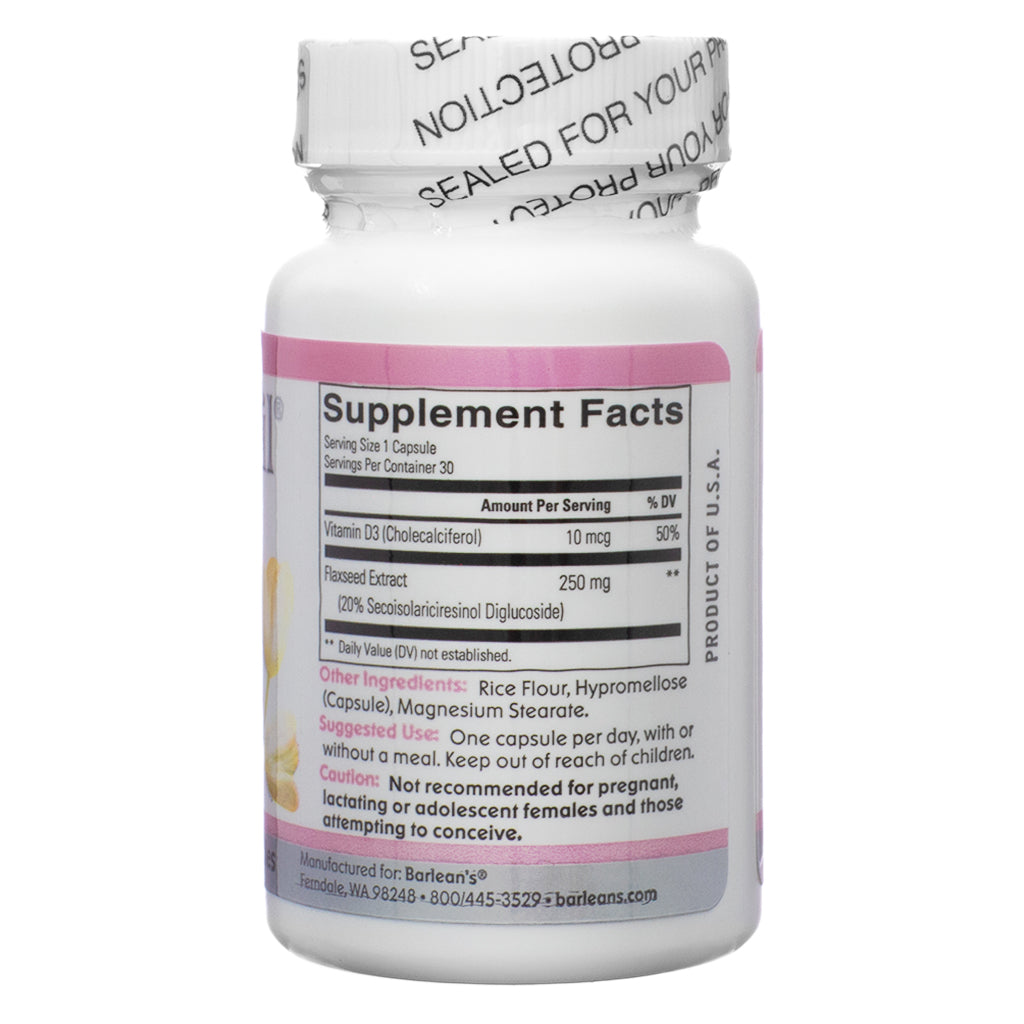 A white bottle of Brevail Plant Lignan Extract, displaying the supplement facts label. The label lists key ingredients, including Vitamin D3 (10 mcg) and Flaxseed Extract (250 mg), along with other ingredients like rice flour and magnesium stearate. It includes suggested use instructions and a caution for pregnant, lactating, or adolescent females. The bottle contains 30 capsules.