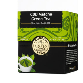 Buddha Teas CBD Matcha Green Tea tea bags box, black and green packaging, 18 tea bags, 90mg water-soluble CBD