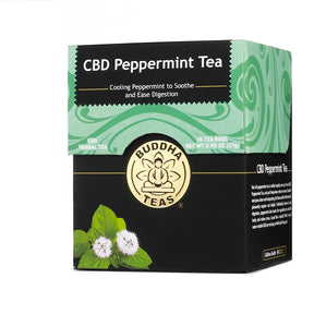 Buddha Teas CBD Peppermint Tea box, black and green package, 18 tea bags, CBD herbal tea, 0.95 oz