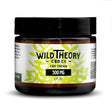 A small amber jar of Wild Theory CBD Co. CBD Cream, labeled as containing 500 mg of CBD in a 2 fl oz container. The label features green leafy graphics with bold black and green text and includes a QR code on the right side.