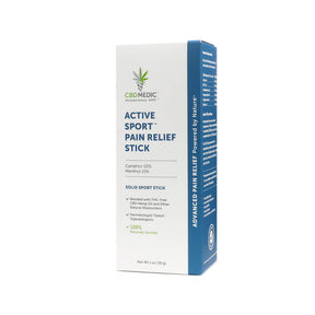 Charlotte's Web CBD Medic Active Sport Pain Relief Stick box, white and blue packaging, 1.4 oz solid stick