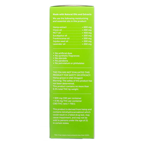 Side panel of the CBDMEDIC Arthritis Aches & Pain Relief Ointment 1.4 oz box showing a list of natural oils like hemp, clove, eucalyptus, and lavender, as well as product safety disclaimers and CBD/THC content.