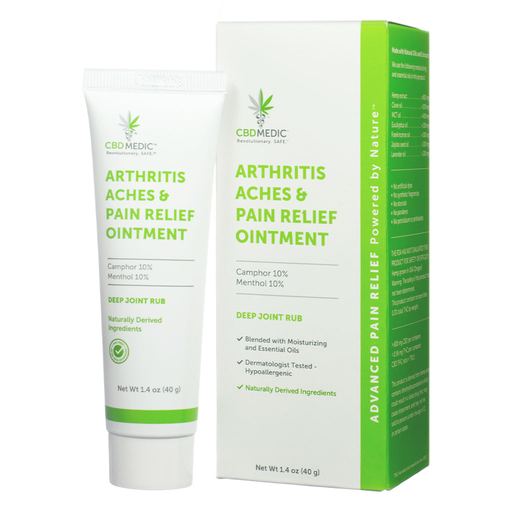 CBDMedic Arthritis Aches & Pain Relief Ointment Front with Box 1.4 oz shows the product tube and box side by side, both labeled with key ingredients camphor and menthol, and features like “deep joint rub” and “naturally derived ingredients.”