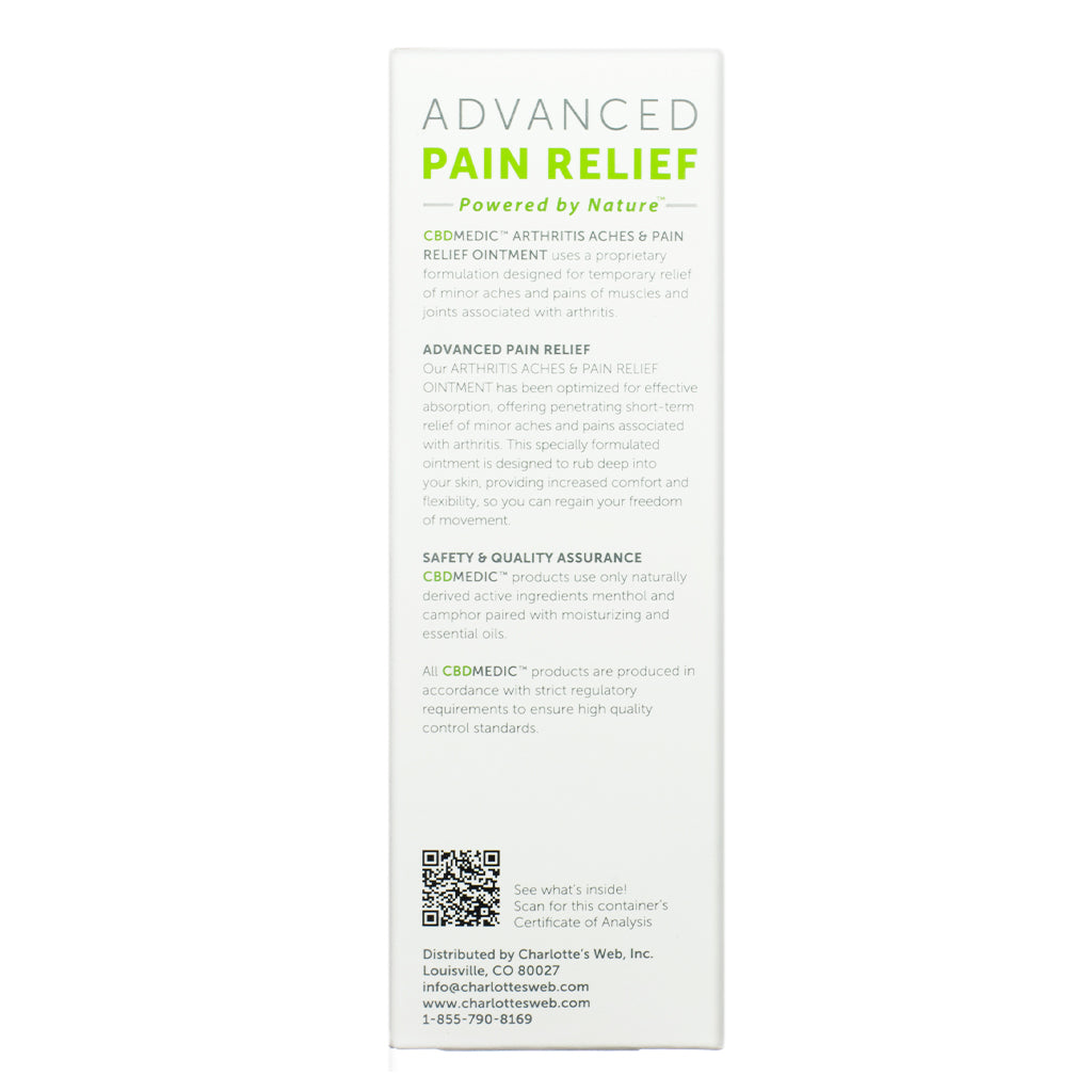 CBDMedic Arthritis Aches & Pain Relief Ointment Product Description Panel 1.4 oz provides an overview of the formula’s purpose for joint relief, absorption benefits, and quality assurance information.