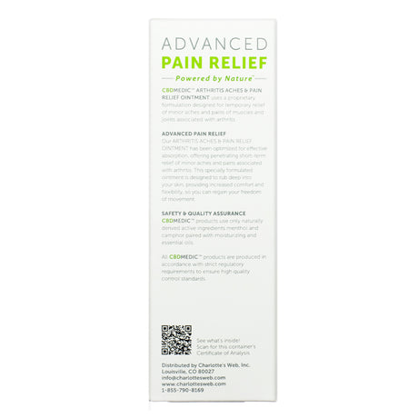 CBDMedic Arthritis Aches & Pain Relief Ointment Product Description Panel 1.4 oz provides an overview of the formula’s purpose for joint relief, absorption benefits, and quality assurance information.