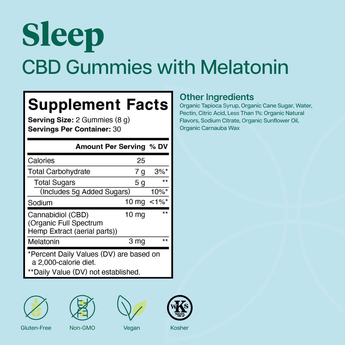 Charlotte's Web Sleep 10mg CBD Gummies with Melatonin supplement facts: 10 mg CBD and 3 mg melatonin per 2-gummy serving