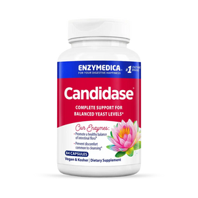 Enzymedica Candidase 84 capsules bottle with red and blue label, enzymes for balanced yeast levels