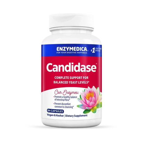 Enzymedica Candidase 84 capsules bottle with red and blue label, enzymes for balanced yeast levels
