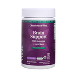 Tall purple and white jar of Charlotte’s Web Brain Support CBD Gummies with Lion’s Mane, offering 60 vegan gummies in Yuzu Citrus Flavor, 25 mg CBD per serving, and labeled THC Free.