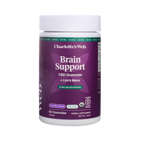 Tall purple and white jar of Charlotte’s Web Brain Support CBD Gummies with Lion’s Mane, offering 60 vegan gummies in Yuzu Citrus Flavor, 25 mg CBD per serving, and labeled THC Free.