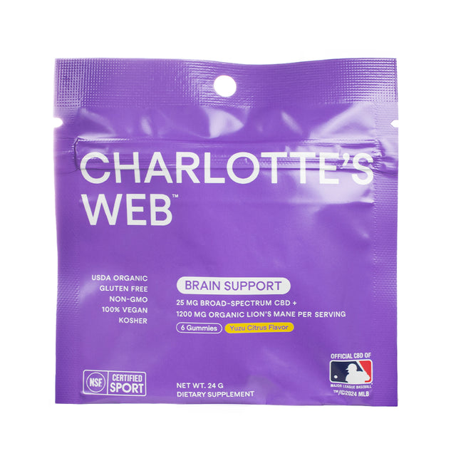 Purple pouch of Charlotte’s Web Brain Support CBD Gummies featuring 6 gummies with 25 mg broad-spectrum CBD and 1200 mg organic Lion’s Mane per serving in Yuzu Citrus Flavor, labeled USDA Organic and NSF Certified Sport.