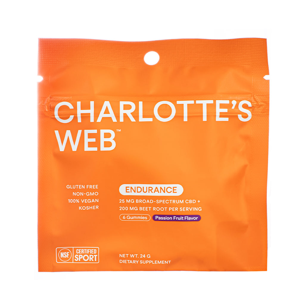 Bright orange resealable pouch of Charlotte’s Web Endurance CBD Gummies, featuring 6 gummies with 25 mg broad-spectrum CBD and 200 mg beet root per serving, in Passion Fruit Flavor. Highlights include gluten-free, vegan, kosher, non-GMO, and NSF Certified Sport.