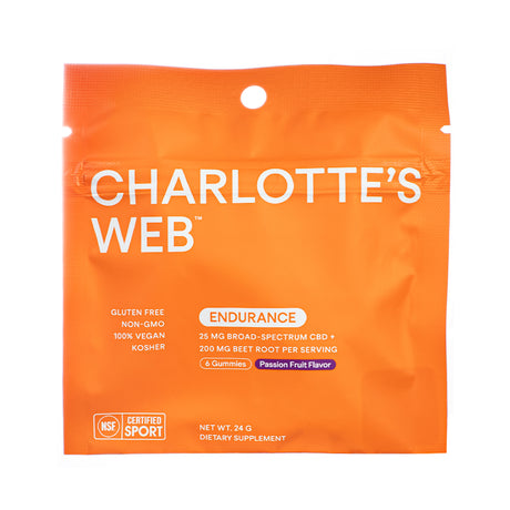 Bright orange resealable pouch of Charlotte’s Web Endurance CBD Gummies, featuring 6 gummies with 25 mg broad-spectrum CBD and 200 mg beet root per serving, in Passion Fruit Flavor. Highlights include gluten-free, vegan, kosher, non-GMO, and NSF Certified Sport.