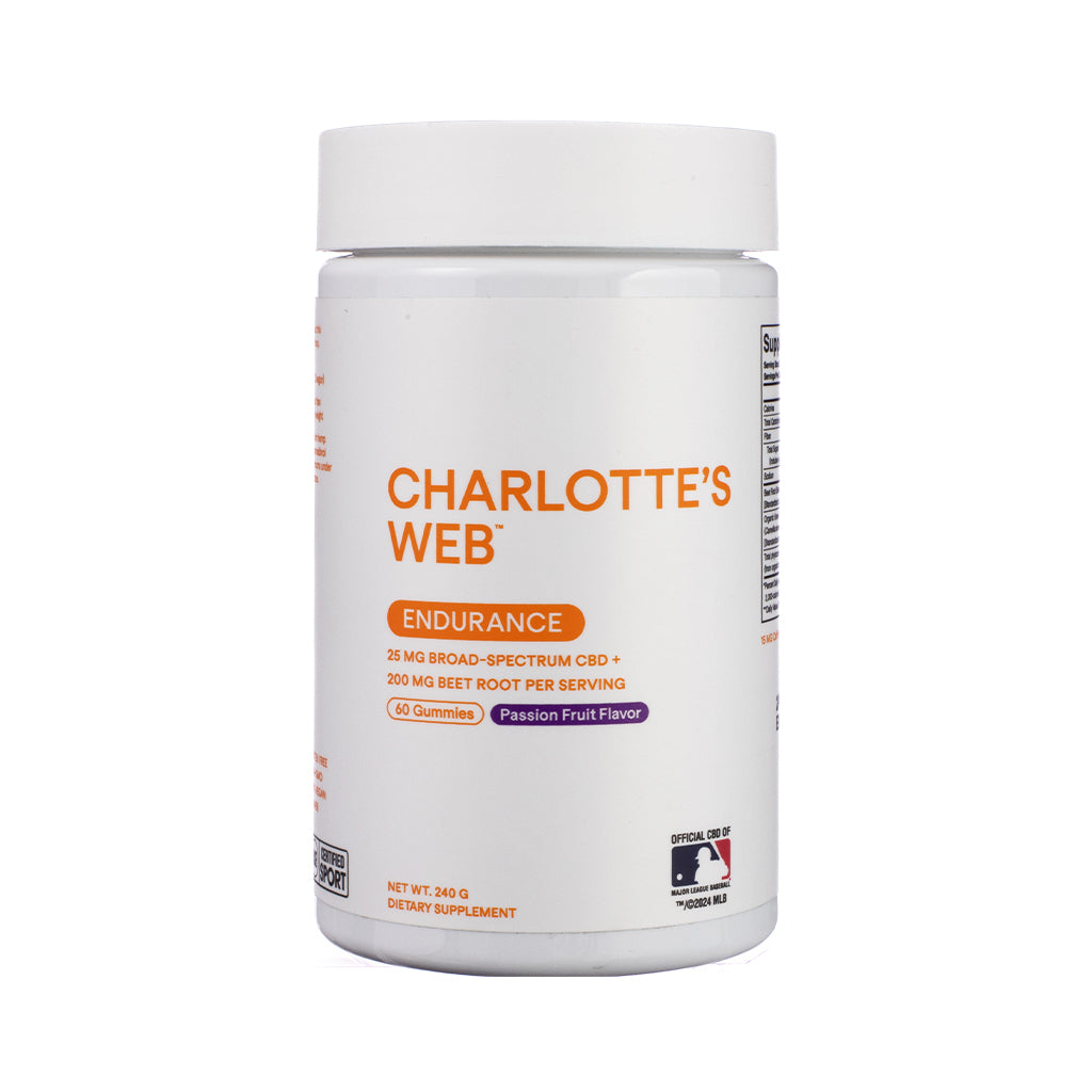 Front-facing label of Charlotte’s Web Endurance Gummies, 60-count bottle, with bright orange label design, sporty graphics, and endurance-support ingredients like Cordyceps and Ginseng featured prominently.